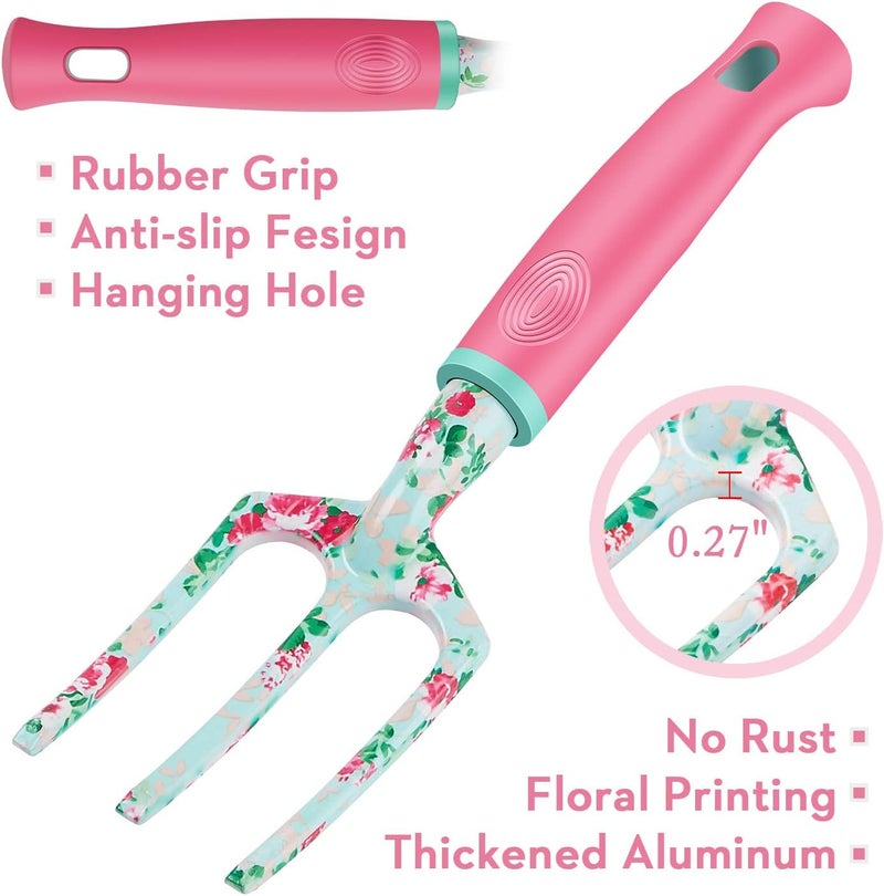 WANCHI Gardening Tools, 8 Pcs Heavy Duty Floral Garden Tool Set Birthday Gifts for Women Rose Red Gardening Kit (Garden Tool Bag Kneeling Pad Weeder Fork Hand Rake Pruning Shears Trowel Transplanter) - Image 4